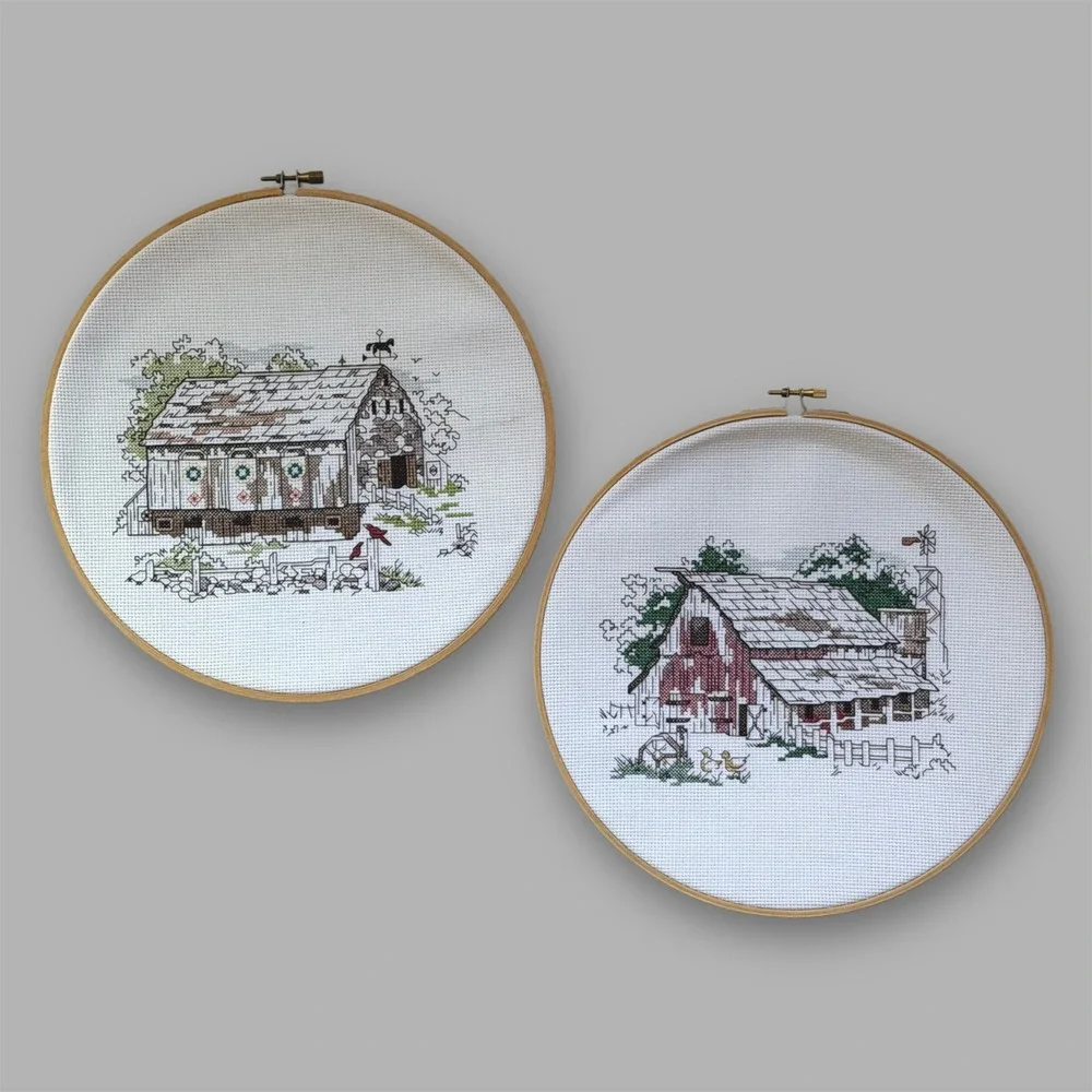 Set of Cross Stitch Barn Scenes Wall Hanging Cottagecore Farmhouse Handmade‎